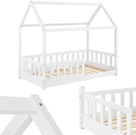 Lit cabane Marli 80x160 cm - Lit Enfant Montessori avec Protection antichute, sommier à Lattes et Toit - Lit Maison en Bois Massif - Blanc