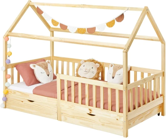 Lit cabane NUNA lit Enfant Simple Montessori en Bois 90 x 190 cm, avec Rangement 2 tiroirs, en pin Massif Finition Naturelle