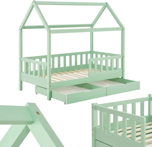 Lit cabane Enfant Marli 80x160 cm avec 2 tiroirs, sommier à Lattes, Matelas, barrières de sécurité - Lit Enfant Bois en pin Massif en Forme de Maison - Lit au Sol pour Enfants - Menthe