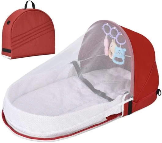 Couffin de voyage amélioré – Couffin pliable portable avec moustiquaire et auvent, dans le lit pour bébé, lit de bébé portable pour le camping, facile à plier et léger, lavable Bordeaux