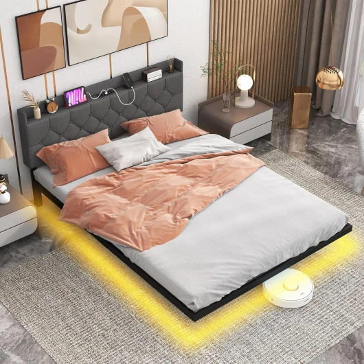 Lit 160x200 cm Design Flottant avec Éclairage LED, Cadre de Lit Double avec Sommier et Tête de Lit Rembourrée Réglable, Multiprise 2 Prises 2 Ports USB, Contrôle par APP, Assemblage Facile Queen - 160 x 200 cm