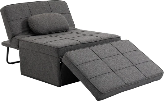 3 en 1 Fauteuil Convertible 1 Place Fauteuil lit chauffeuse Chaise Longue Pouf - Dossier inclinable 5 Niveaux Repose-Pied Rabattable - Charge 200 Kg, châssis métal et Tissu Lin Gris