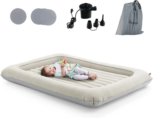 118 x 165cm Lit Gonflable Enfant, Lit de Voyage Gonflable pour Bébé avec Matelas Amovible,Matélas Gonflable avec Sac de Rangement, avec Pompe Éléctrique pour Vacances Beige