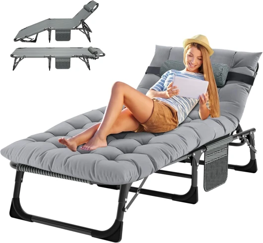 MOPHOTO Chaise longue pliable pour jardin avec matelas, dossier et repose-pieds réglables, chaise pliante portable pour intérieur et extérieur, chaise longue pour bronzer, parfaite pour la piscine, la