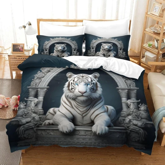 MEFESE Tigre Blanc Ensemble De Literie De Imprimé en 3D avec Tigre Royal Housse De Couette Taie d'oreiller Fermeture Glissière Convient Aux Enfants Et Aux Jeunes Adultes 3 Pièces Super Roi（260x220cm） Super king（260x220cm） White Tiger