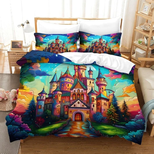 KOABERUVN 3D, Imprimé Le château Magique Ensemble De Literie avec Microfibre Super Douce Et Respirante Housses De Couettes 3 Pièces avec Taies d'oreiller Single（140x200cm） Style-15 Single（140x200cm）