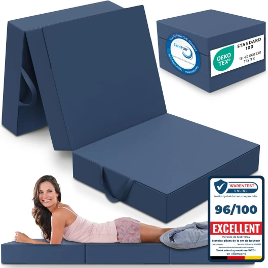 ELONEO Matelas Pliant, Matelas d'Appoint Pliable en 3 Parties, Mousse Extra Épaisse (15 cm), Lavable, Cube Intervertébral, Matelas Pliable, pour Adulte, 1 Personne (Bleu, 75 x 195 x 15 cm)