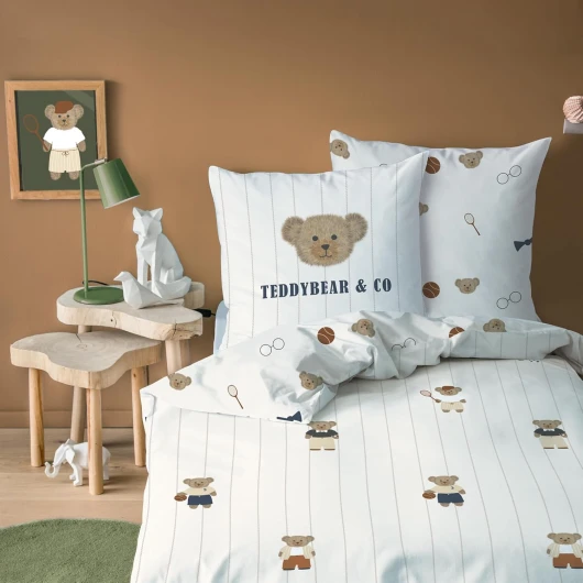 MATT & ROSE Parure de Lit Enfant 1 Personne Teddy Bear - 100% Coton - Oeko-TEX - Housse de Couette 140x200 cm + 1 Taie d'oreiller 63x63 cm Imprimées Réversibles - Beige