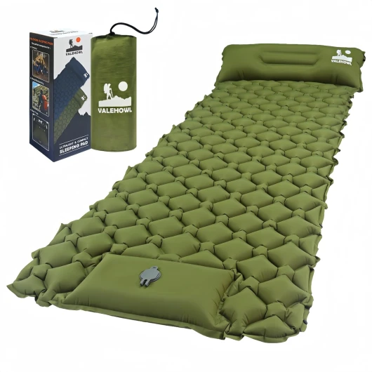 VALEHOWL Matelas Gonflable de Camping, Tapis de Couchage Ultraléger avec Pompe à Pied et Oreiller, Lit Gonflable 1 Place pour Tente, Randonnée, Extérieur