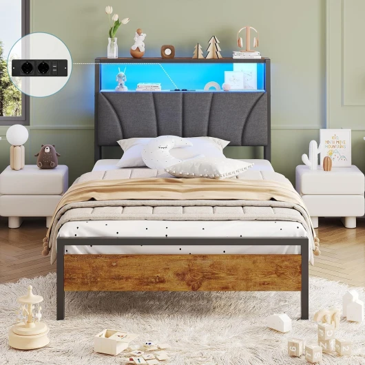 Cadre de Lit 90x200 avec sommier Métal Lit 1 Personne avec lumières LED, Multiprise, Lit 90x200cm en métal avec Tête de Lit Rembourrée et rangement, Lit Simple Lit 1 Place Marron Vintage+Gris