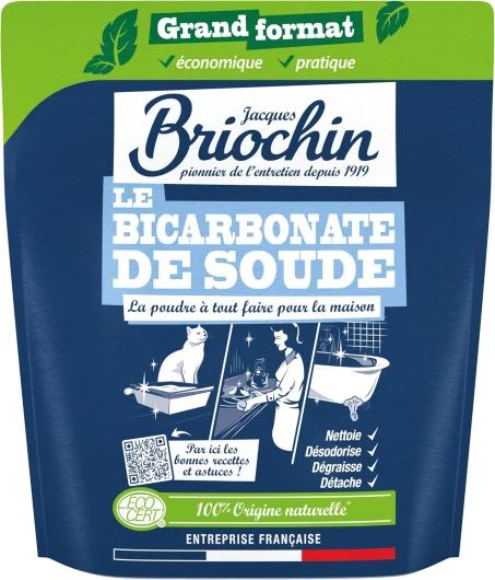 Jacques Briochin Bicarbonate de Soude en Poudre ECOCERT 900g Maxi Format - Nettoyant Multi Surface Naturel, Anti Mauvaises Odeurs - Sachet Refermable ,L'emballage peut varier