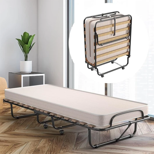 Lit Pliant 1 Personne Adulte 80 x 190 cm, avec Matelas Orthopédique en Mémoire 10 cm, Charge 120 kg, Lit d’Appoint Pliable à 4 roulettes et Sommier à 15 Lattes de Bois pour invités, Beige