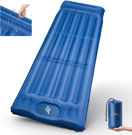 Matelas de Camping Autogonflant 14 cm - Ultra-léger, Portable Matelas Trekking avec Pompe à Pied, Matelas Auto Gonflable avec Oreiller pour Randonnée, Voyage et Camping en Plein Air (Bleu Nuit)