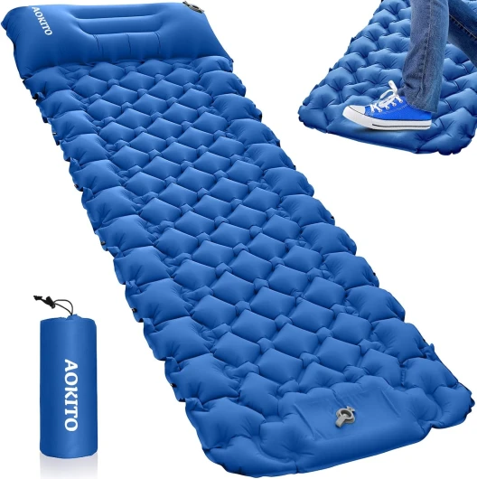 Matelas Gonflable 1 Place, Matelas de Camping, Tapis de Couchage Ultraléger avec Pompe à Pied et Oreiller, Matelas Gonflable Résistant à l'eau pour Camping, Voyage, Plage, Tente, Sac de Couchage