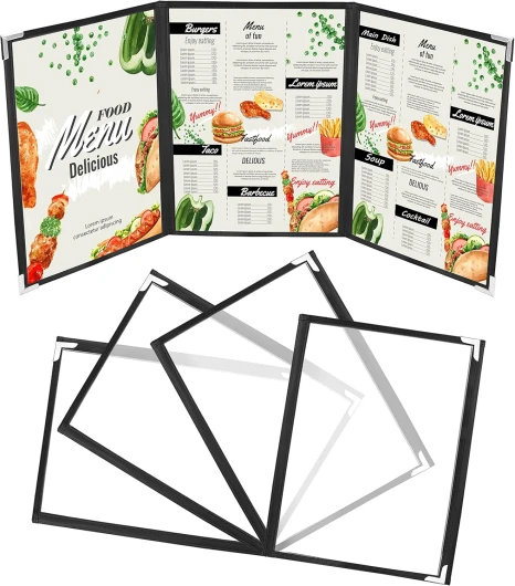 Lot de 5 Protege Menu A5 Trois Volets - Porte Menu Restaurant Double Affichage Style Américain - Protège Menu Noir Protection des Coins - Pour Restaurant, Bar, Café, Boissons et Menu Vin