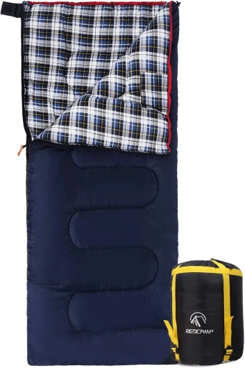 Sac de Couchage en Coton XL Chaud pour Adulte - en Flanelle Confortable - Compact - 3 à 4 Saisons - Temps Froid - Hiver - pour la pêche au Camping - Bleu