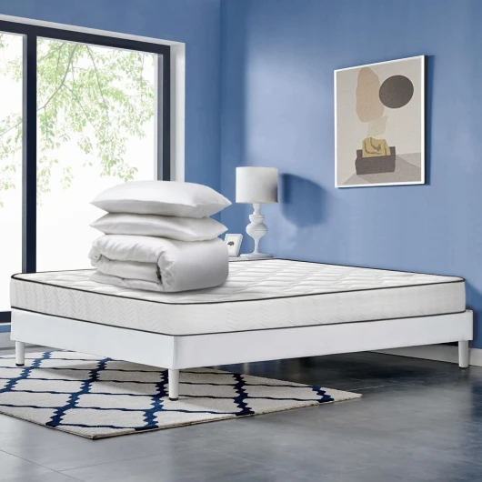 IZTOSS Lit 140x190 avec Sommier et Matelas et Couette et 2 Oreillers-Matelas 140x190x17-Sommier tapissier 140x190-Couette 200x240-2 Oreillers 60x60 Bleue L-CD-7 Matelas140x190+Sommier Tapissier+Couette+2Oreiller