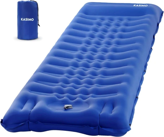 Matelas Camping Gonflable 12cm d’épaisseur - Matelas Gonflable 1 Place avec Oreiller & Pompe à Pied Tapis de Couchage Matelas Randonnée Bleu Ultraléger pour Camping, Voyage, Randonnée