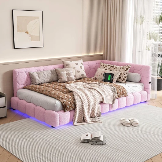 Btghbed Canapé-Lit avec Sommier à Lattes 90x200 cm, sans Matelas, Design à Lumière Ambiante, avec Port USB et Port Type-C, Matériau Confortable, Imitation Laine, Facile à Installer (Rose)