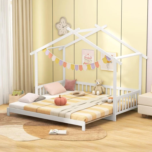 Lit Cabane Enfant 90x200 cm avec Barre de Sécurité & Plafond Décoratif, Lit Gigogne 180x200 cm en Bois, Cadre de Lit Simple Adulte, Lit Invité Double Blanc, Charge 150 kg