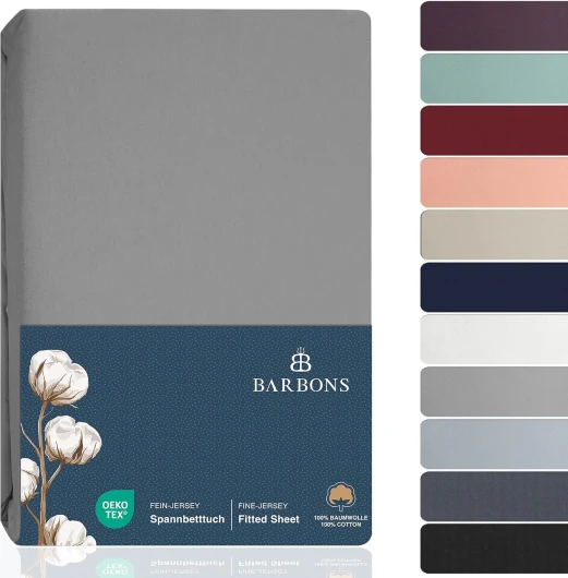 Barbons Drap Housse - 140 x 200 cm, 100% Coton, Certifié Oeko-TEX, Drap-Housse en Jersey, Bonnet jusqu'à 25 cm - (Gris Clair - 140x200) Drap Housse 140x200 cm Gris Clair