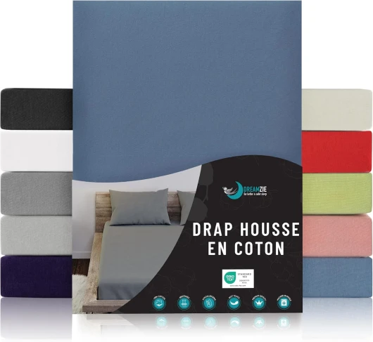 Drap Housse 80x190/200-100% Jersey Coton Certifié Oeko Tex - Bleu - Drap Housse 80x190/200 Coton 80 x 190/200 cm Bleu