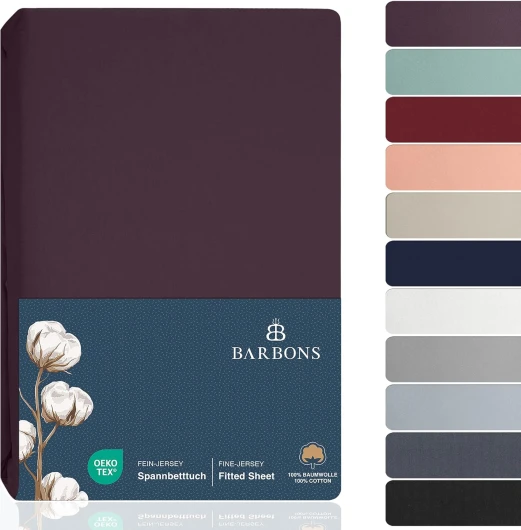 Barbons Drap Housse - 160 x 200 cm, 100% Coton, Certifié Oeko-TEX, Drap-Housse en Jersey, Bonnet jusqu'à 25 cm - (Aubergine - 160x200) Drap Housse 160x200 cm Pourpre