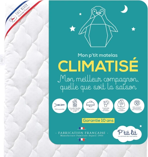 P'tit Lit - Matelas Enfant/Bébé Climatisé - 70x140 cm - 1 face Été fraîche / 1 face Hiver ouatinée - Anti Acarien - Déhoussable - Oeko Tex® - Fabrication Française 70x140 cm (Lot de 1)