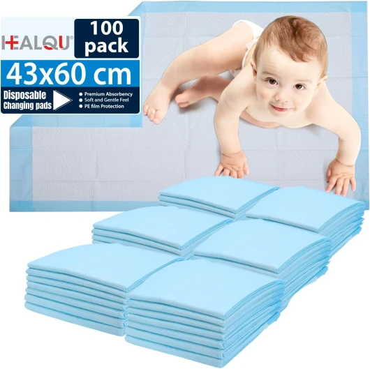 Healqu Matelas à Langer Bébé - Alèse Jetable - Pack de 100, Ultra Doux, Absorbants et Imperméables - Pour Table à Langer et Lit Bébé - Changez les Couches sans Salir les Surfaces - 43x 60 cm 43x 60 cm Pack de 100