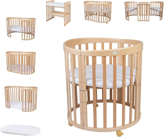 Waldin OWAL Baby Bed 7in1, Lit à Barreaux avec Matelas, avec Commode à Langer, Lit Évolutif Bébé Ovale avec Matelas et roulettes, Bois Naturel Bois Naturel Sans Ensemble de Tissus