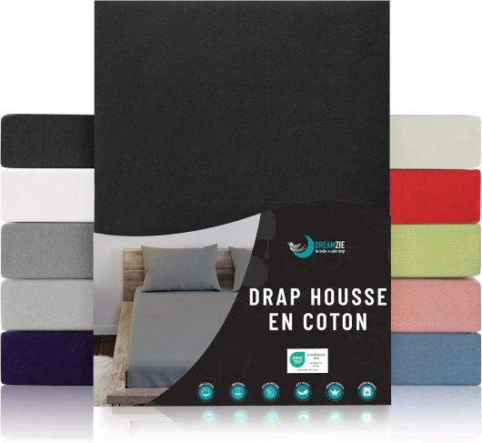 Drap Housse 140x190/200 - Noir - 100% Jersey Coton Certifié Oeko Tex - Drap-Housse 140x190/200 140 x 190/200 cm Noir