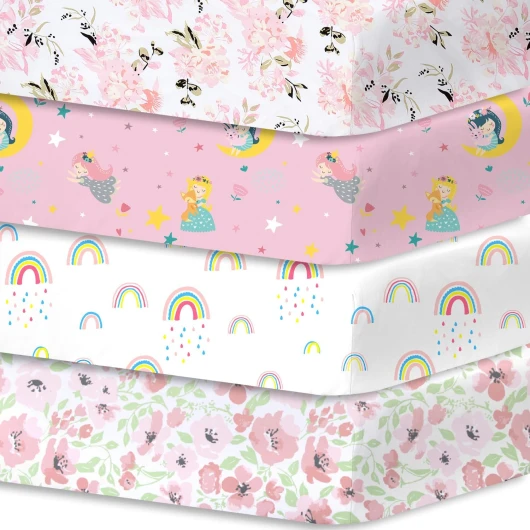 Bimocosy Draps-Housses pour lit bébé, lit Enfant, 70 x 140 cm, Fleurs, Filles, Arc-en-Ciel, Roses, 100% Microfibre, certifié Oeko-TEX Standard 100, Lot de 4 70x140 4pk Dahlia