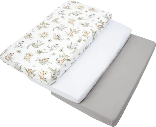 3pcs Ensemble Drap Housse pour Un lit bébé 60x120 cm 100% Coton literie bébé Matelas Enfant Sac de Couchage lit bébé Safari-blanc-gris Pack de trois