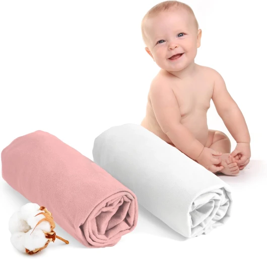 Drap Housse 70x140 (x2) - 100% Coton Certifié Oeko Tex - Drap Housse 70x140 Bebe - Blanc et Rose Set de 2 (70 x 140 cm) Blanc et Rose