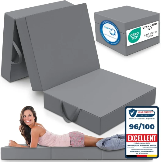 MaxVitalis Matelas Pliant, Matelas d'Appoint Pliable en 3 Parties, Mousse Extra Épaisse (15 cm), Lavable, Cube Intervertébral, Matelas Pliable, pour Adulte, 1 Personne (Gris, 75 x 195 x 15 cm) 75 x 195 x 15 cm Gris